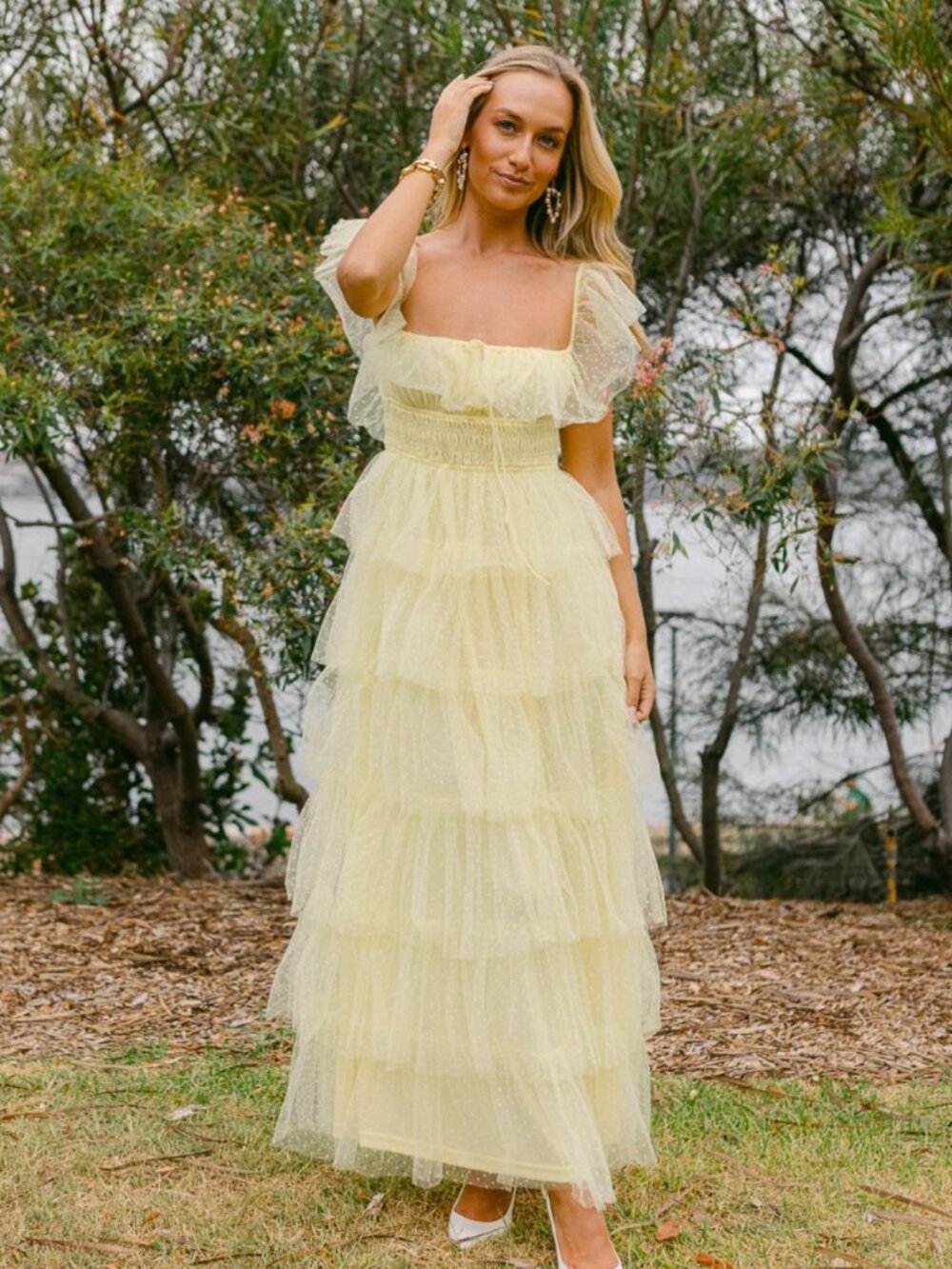 Confête | Valensole Swiss Dot Maxi Dress in Butter Yellow